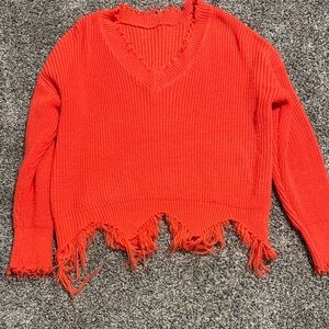 Frayed Hem V-Neck Sweater - Orange